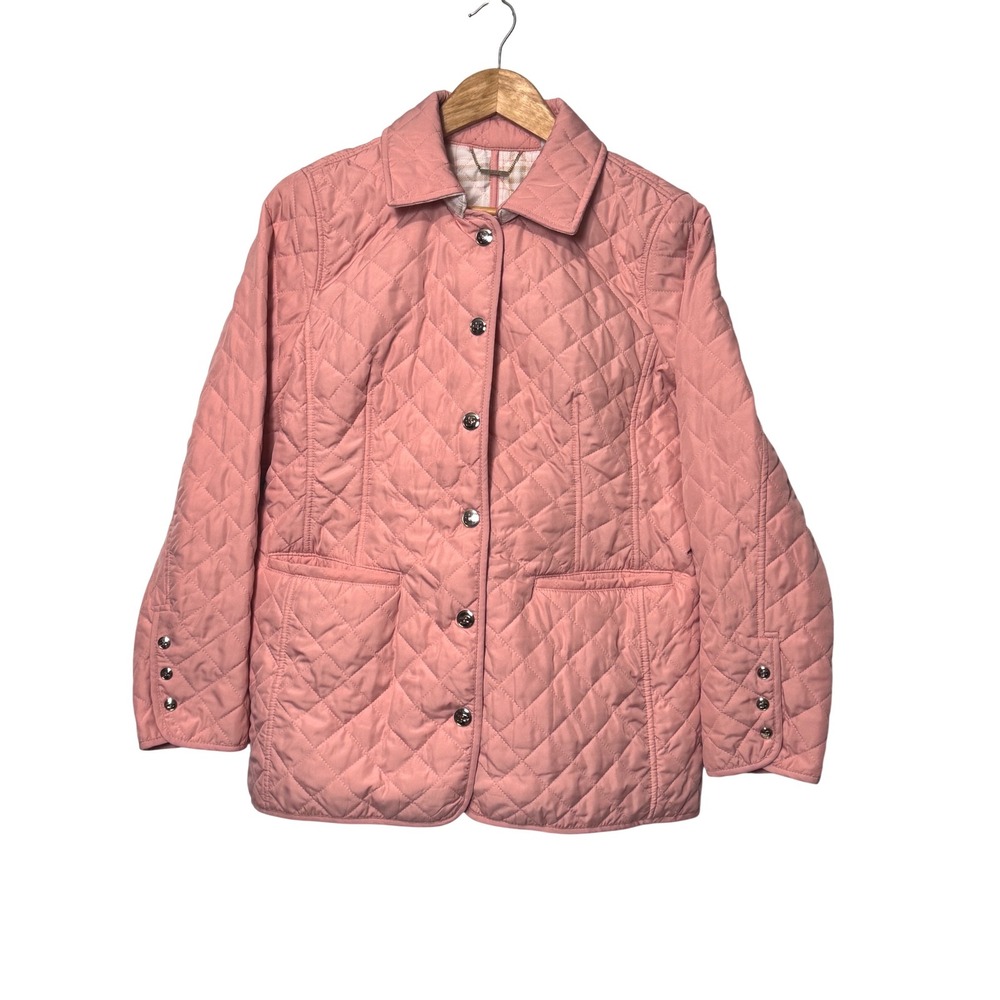 Chicos Pink Quilted Barn Jacket Gold Buttons Plaid Lining Salmon Coat Womens‎